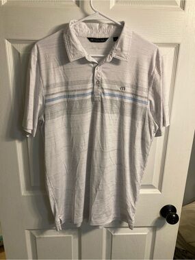 Travis Mathew White Polo with Light Blue and Gray Stripes